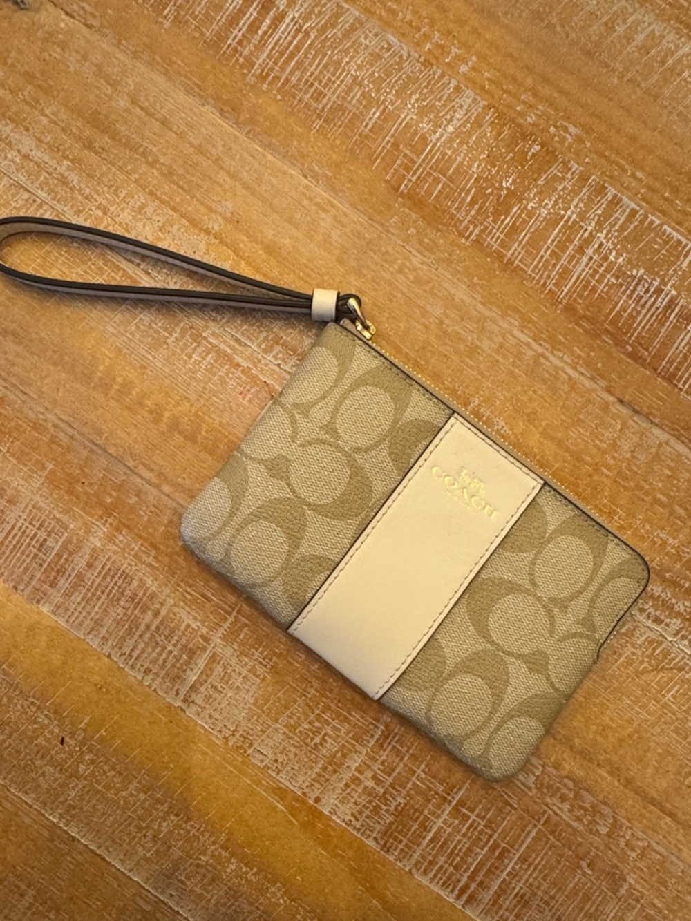 Coach Beige-Tan & Ivory Signature Canvas Wristlet